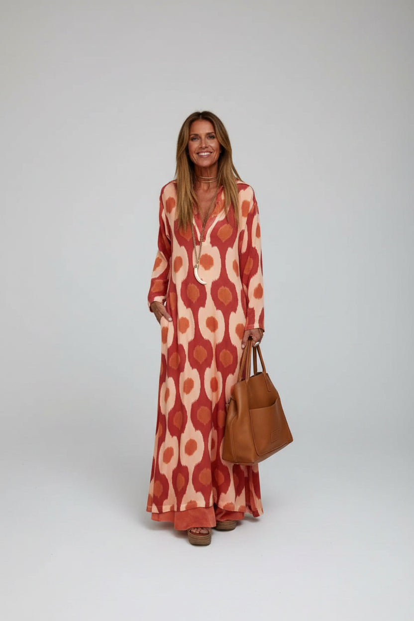 Robe longue femme manches longues imprimé col V fluide | Coupe féminine + Style élégant + Facile à accessoiriser – ROBEMODE