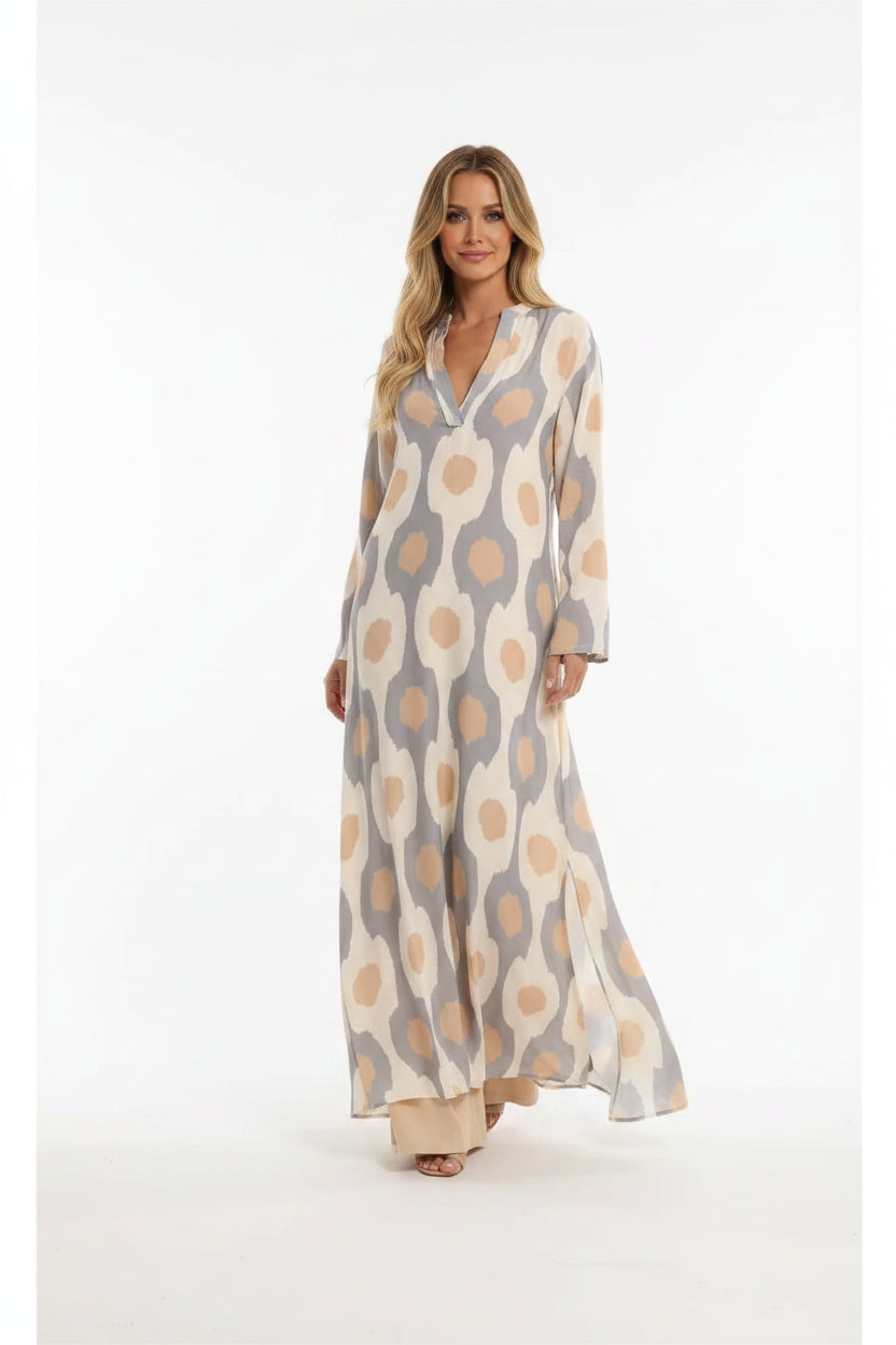 Robe longue femme manches longues imprimé col V fluide | Coupe féminine + Style élégant + Facile à accessoiriser – ROBEMODE