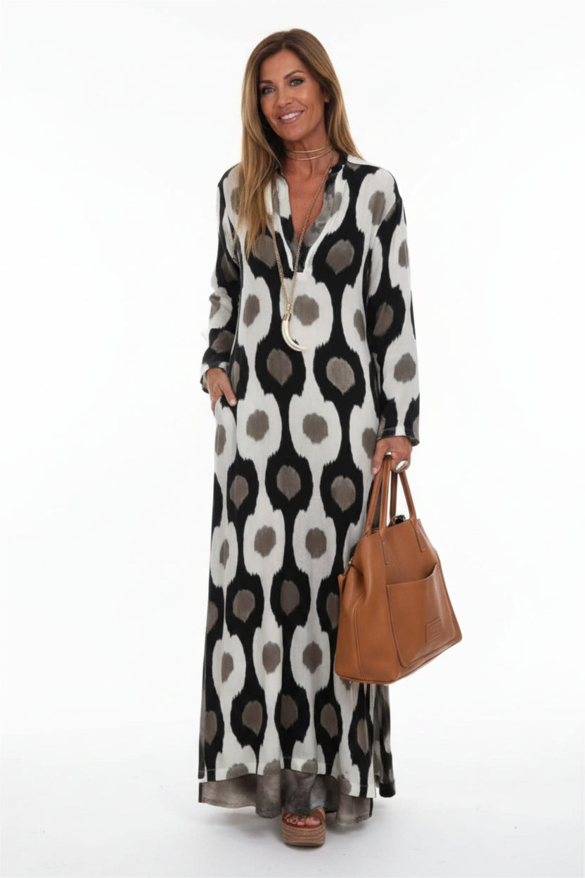 Robe longue femme manches longues imprimé col V fluide | Coupe féminine + Style élégant + Facile à accessoiriser – ROBEMODE