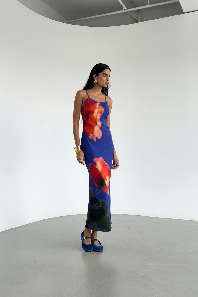 Robe longue femme motifs artistiques avec bretelles fines | Coupe féminine + Style élégant + Facile à accessoiriser – ROBEMODE