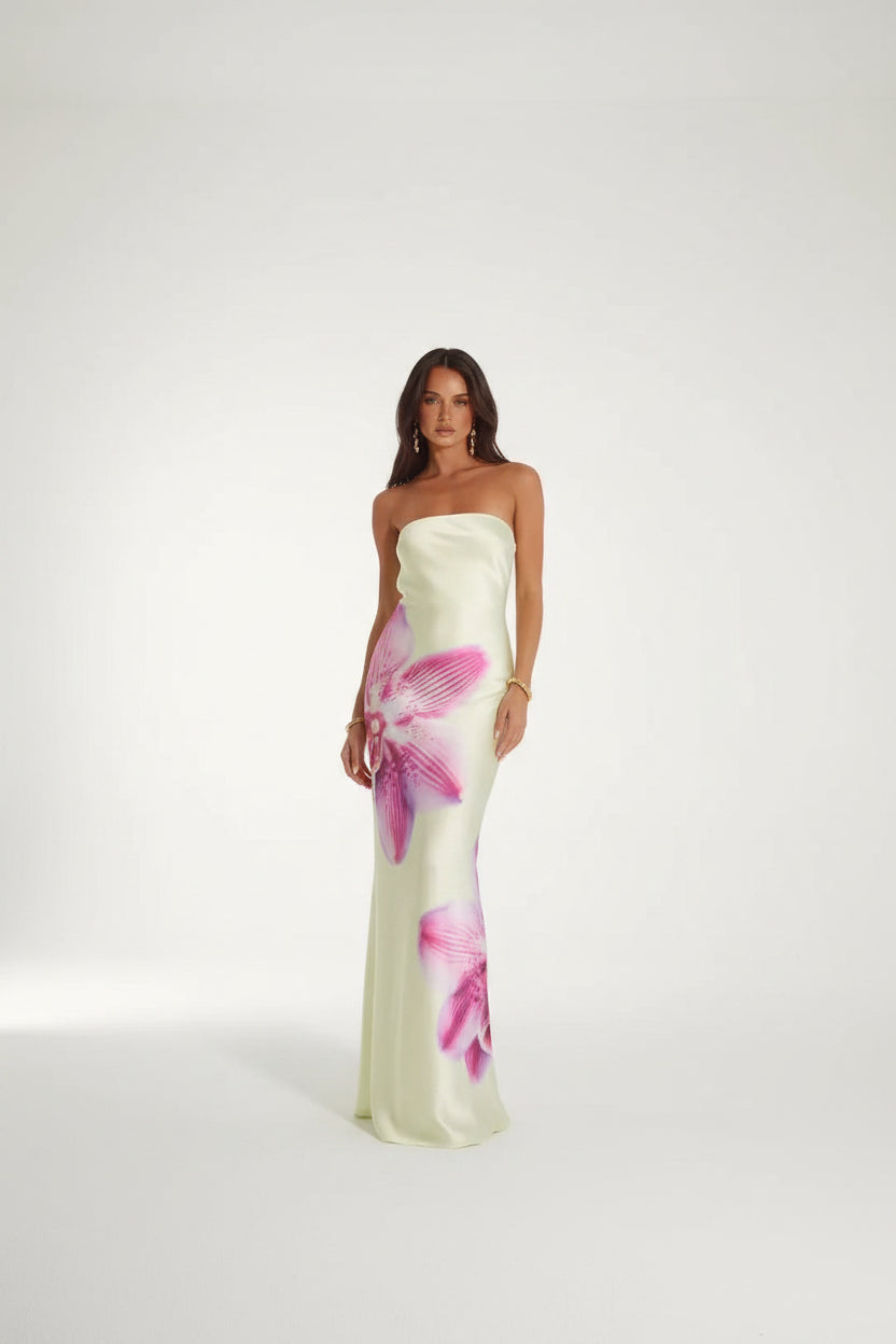 Robe longue femme à motifs floraux avec encolure sans bretelles