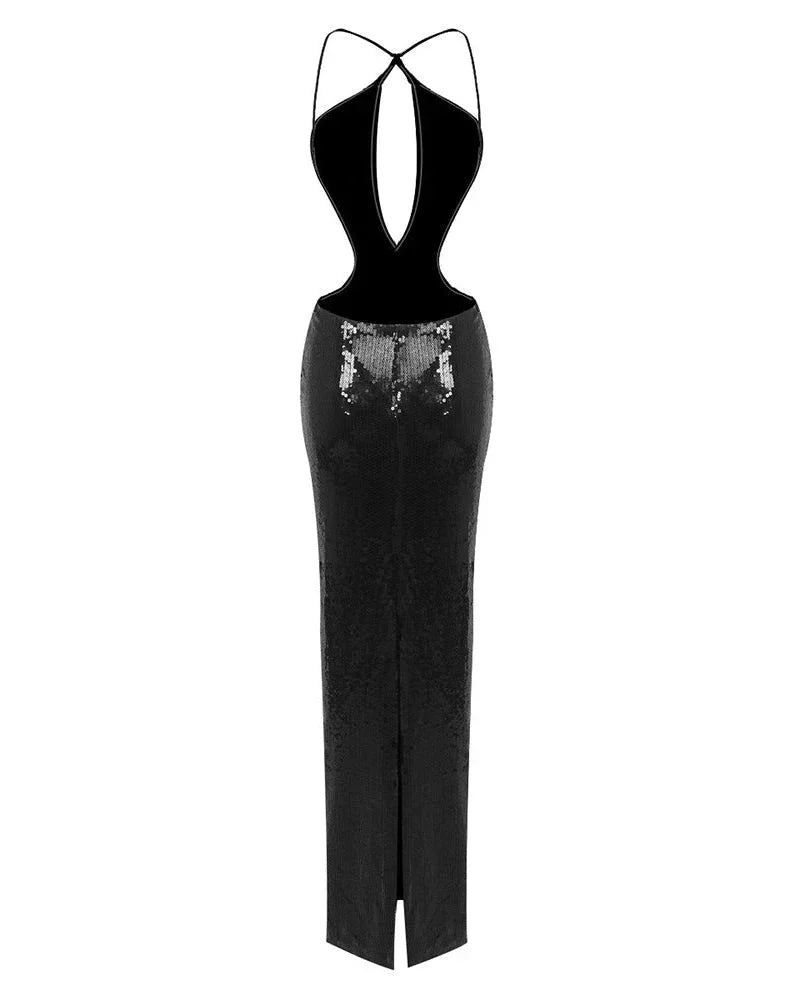 Robe Longue Femme Noire en Sequins Soirée | ROBEMODE
