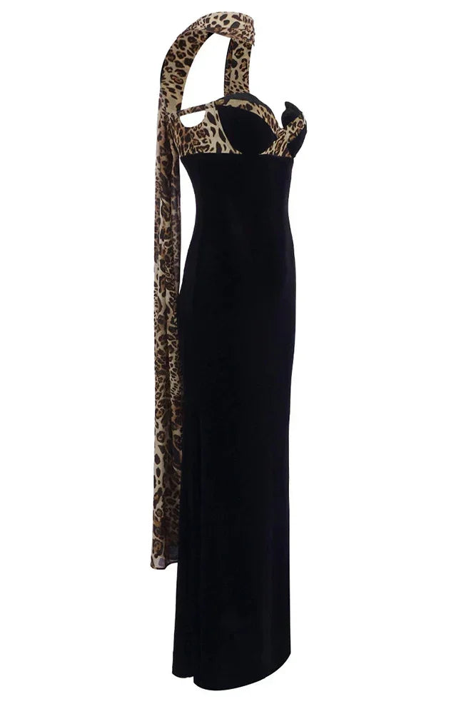 Robe Longue Femme Noire Léopard Sans Manches | ROBEMODE