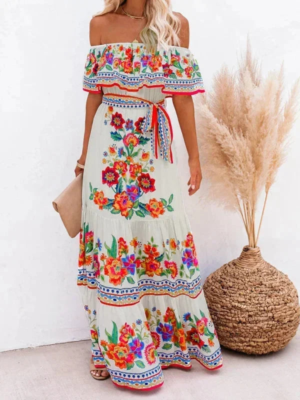 Robe longue femme épaules dénudées avec motifs floraux | Coupe féminine + Style élégant + Facile à accessoiriser – ROBEMODE