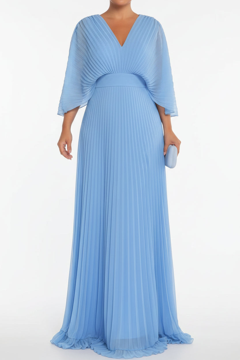 Robe Longue Plissée Col V Manches 3/4 5 Coloris Grande Taille | ROBEMODE