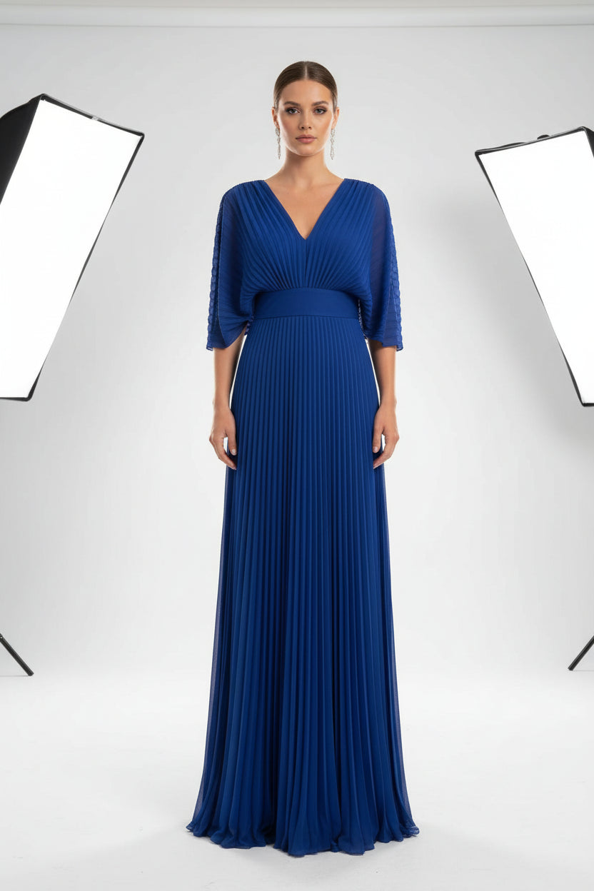 Robe Longue Plissée Col V Manches 3/4 5 Coloris Grande Taille | ROBEMODE