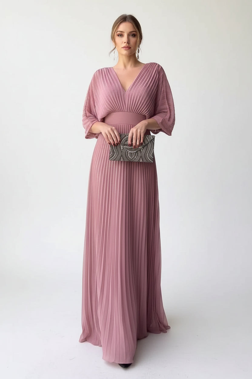 Robe Longue Plissée Col V Manches 3/4 5 Coloris Grande Taille | ROBEMODE