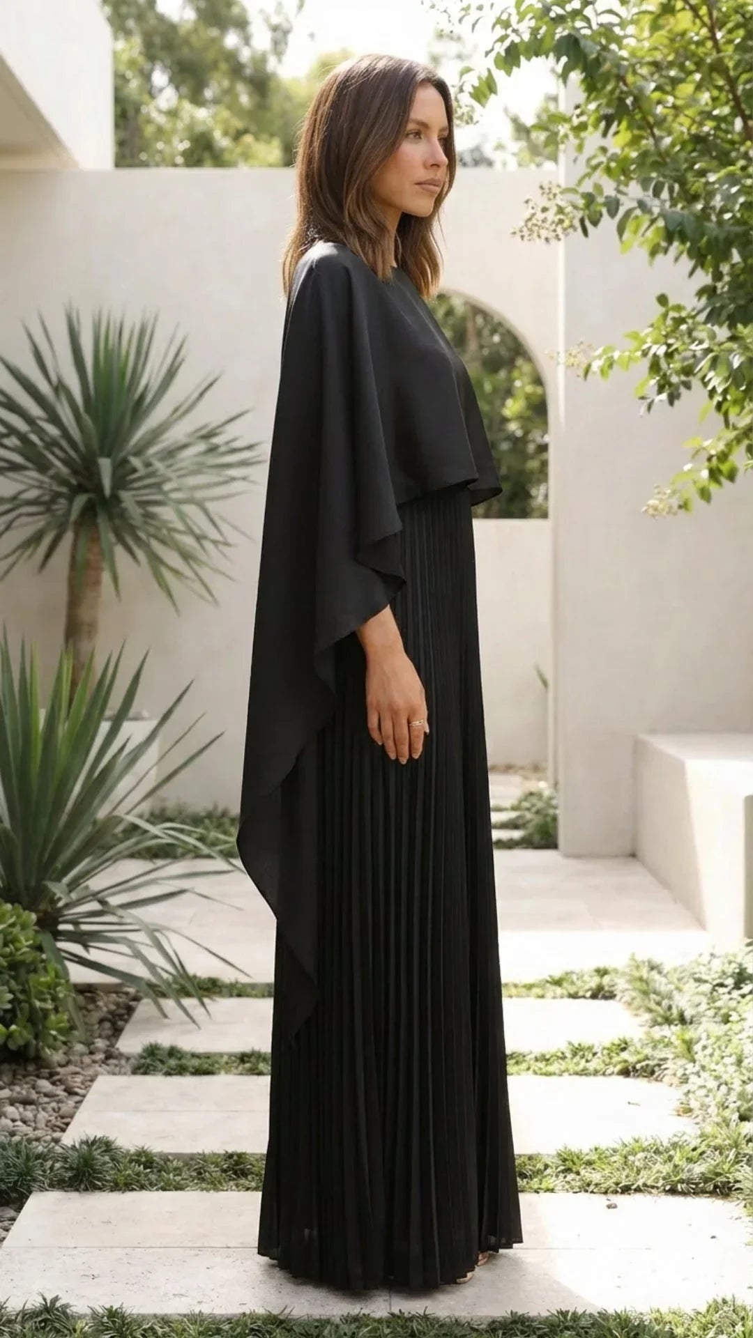 Robe longue femme plissée manches cape | ROBEMODE