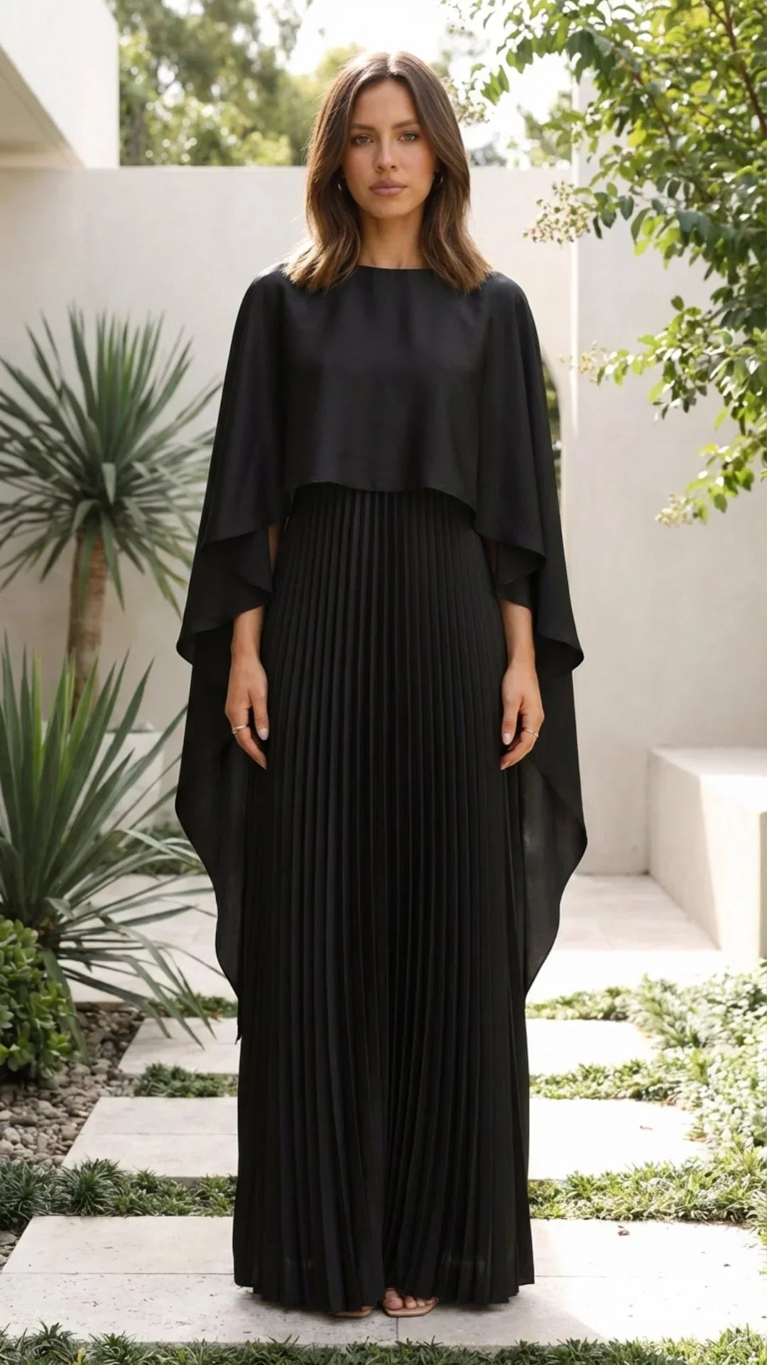 Robe longue femme plissée manches cape | ROBEMODE