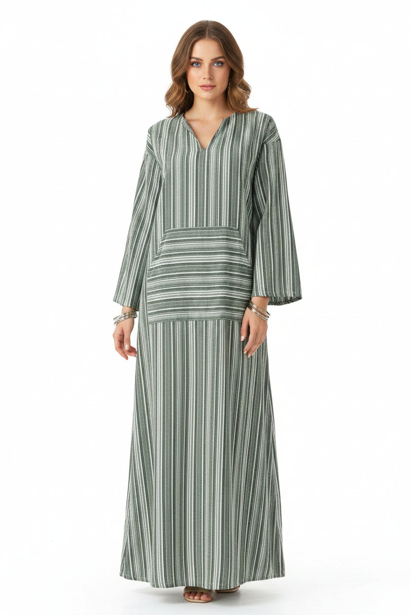 Robe longue femme rayée avec col en V et poches | Coupe féminine + Style élégant + Facile à accessoiriser – ROBEMODE