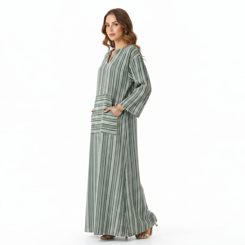 Robe longue femme rayée avec col en V et poches | Coupe féminine + Style élégant + Facile à accessoiriser – ROBEMODE