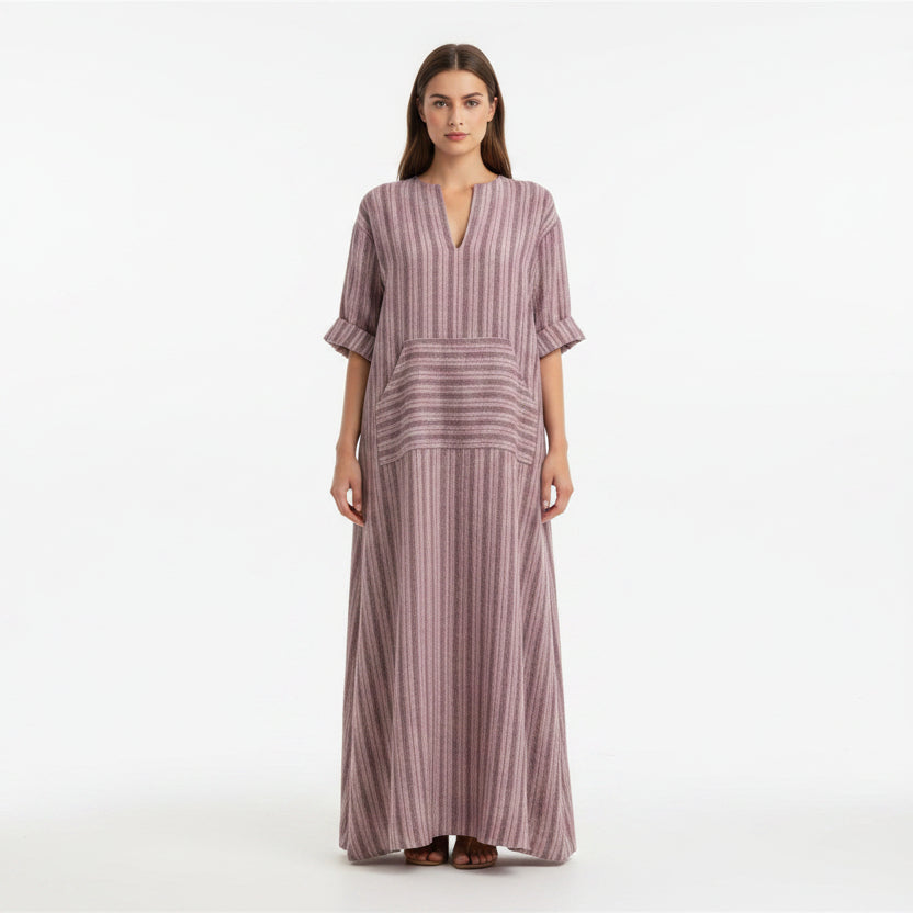 Robe longue femme rayée avec col en V et poches | Coupe féminine + Style élégant + Facile à accessoiriser – ROBEMODE