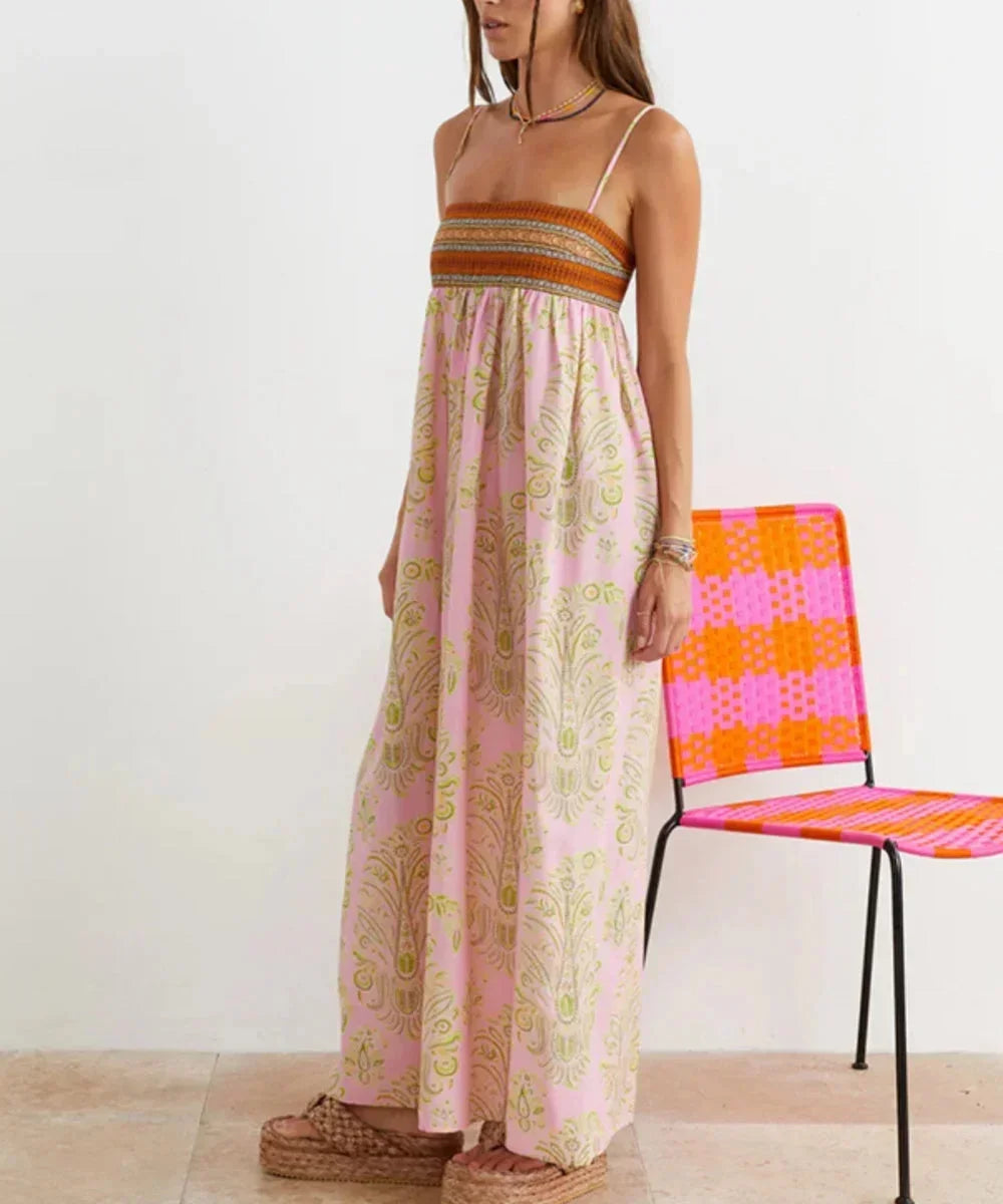 Robe longue femme rose boho à bretelles motifs été | Coupe féminine + Style élégant + Facile à accessoiriser – ROBEMODE