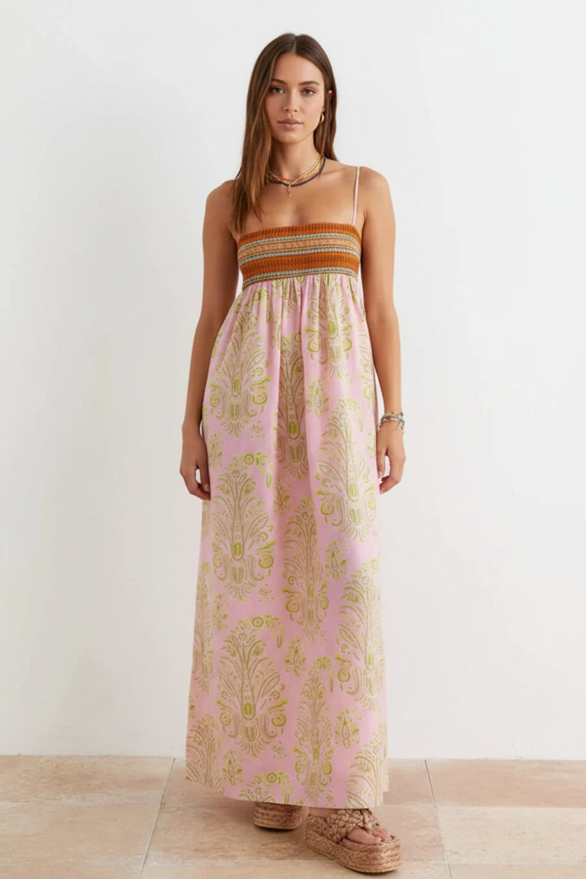 Robe longue femme rose boho à bretelles motifs été | Coupe féminine + Style élégant + Facile à accessoiriser – ROBEMODE