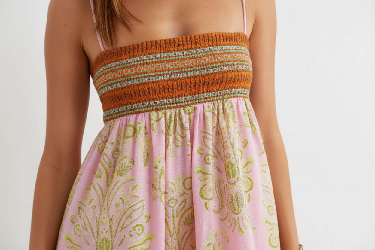 Robe longue femme rose boho à bretelles motifs été | Coupe féminine + Style élégant + Facile à accessoiriser – ROBEMODE