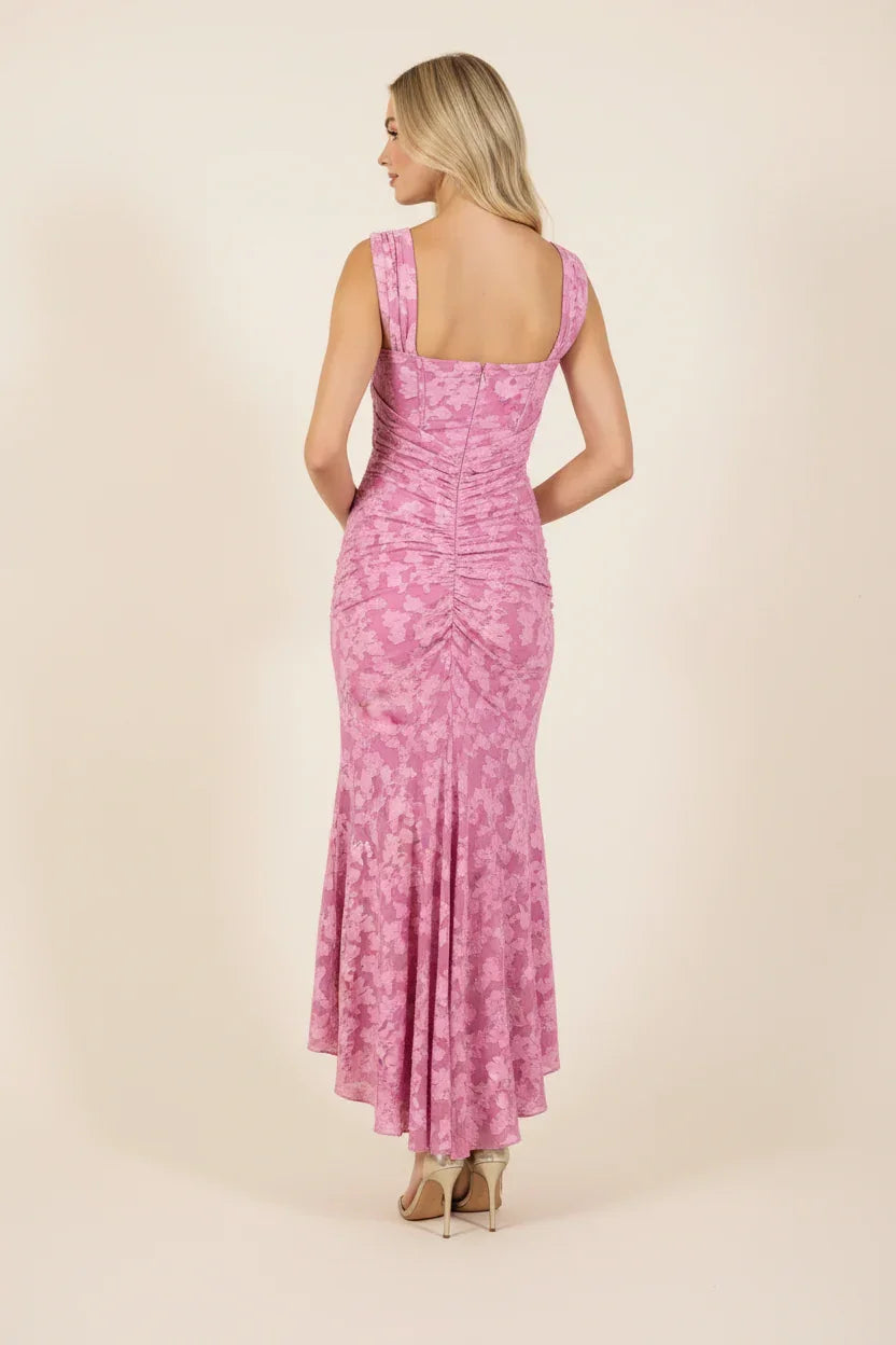 Robe longue rose drapée fleurie femme | ROBEMODE