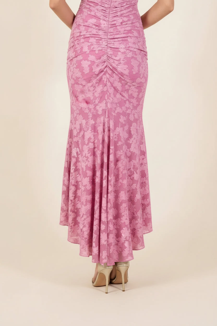 Robe longue rose drapée fleurie femme | ROBEMODE