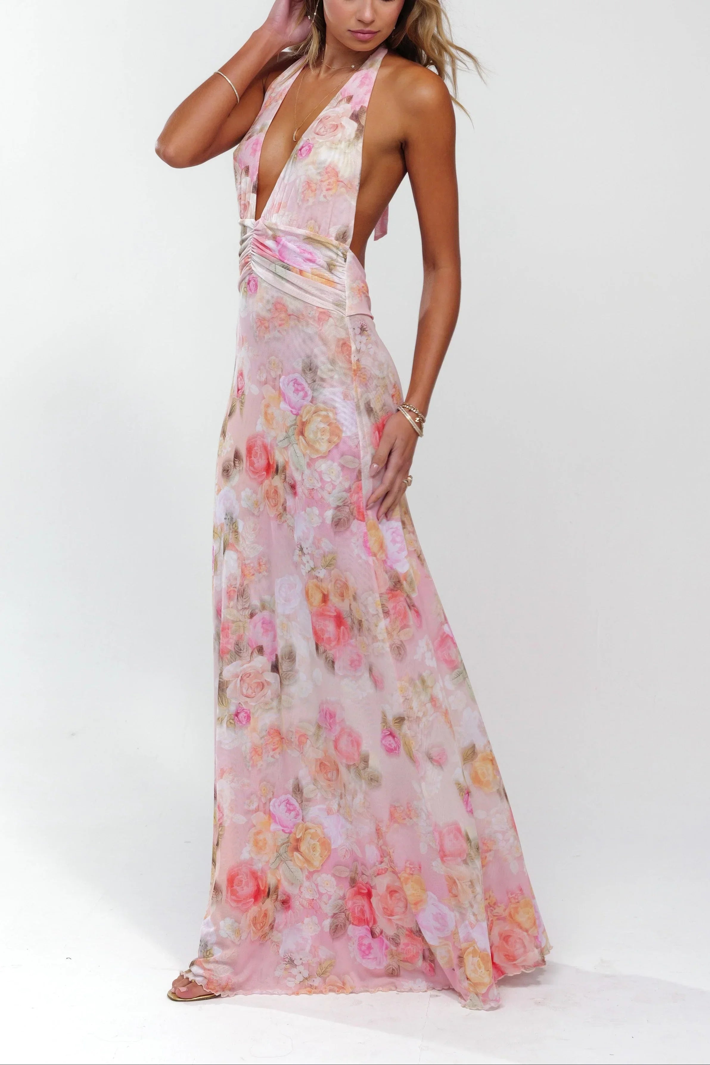Robe longue rose fleurie dos nu femme | ROBEMODE