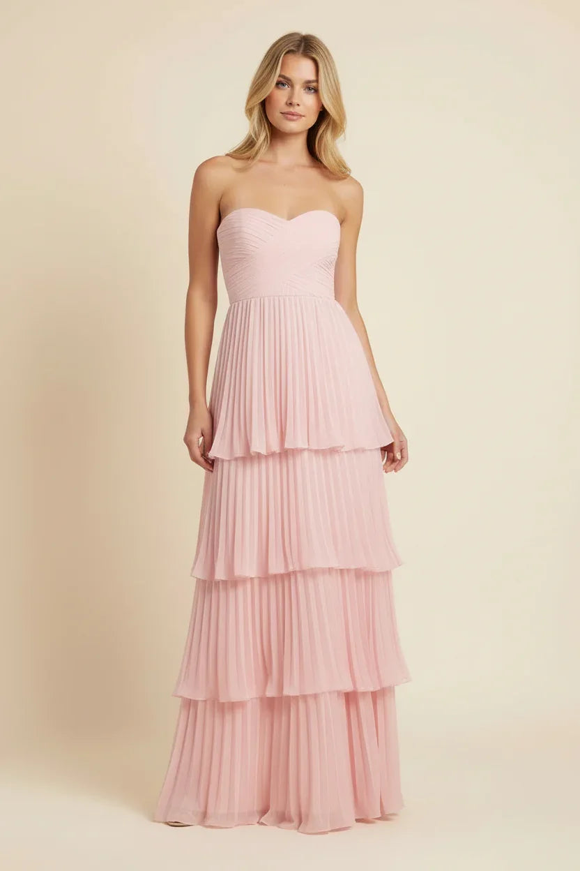 Robe longue femme rose sans bretelles tiercée | Coupe féminine + Style élégant + Facile à accessoiriser – ROBEMODE