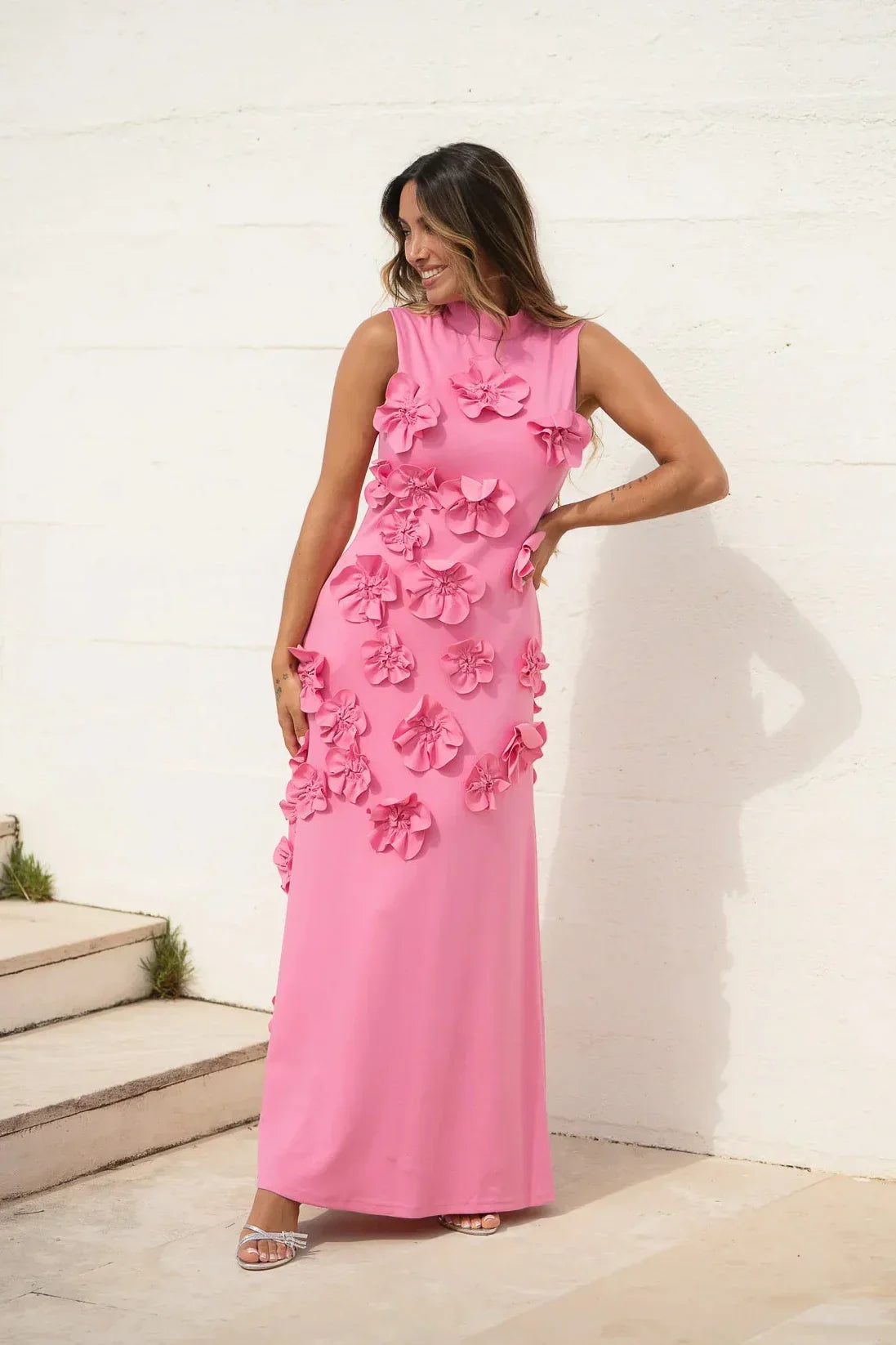 Robe longue rose sans manches fleurie femme | ROBEMODE