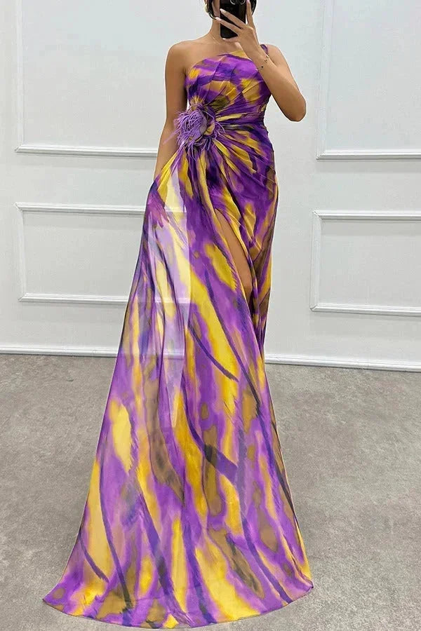 Robe Longue Soirée Motifs Fente Latérale Bretelle 5 Coloris | ROBEMODE
