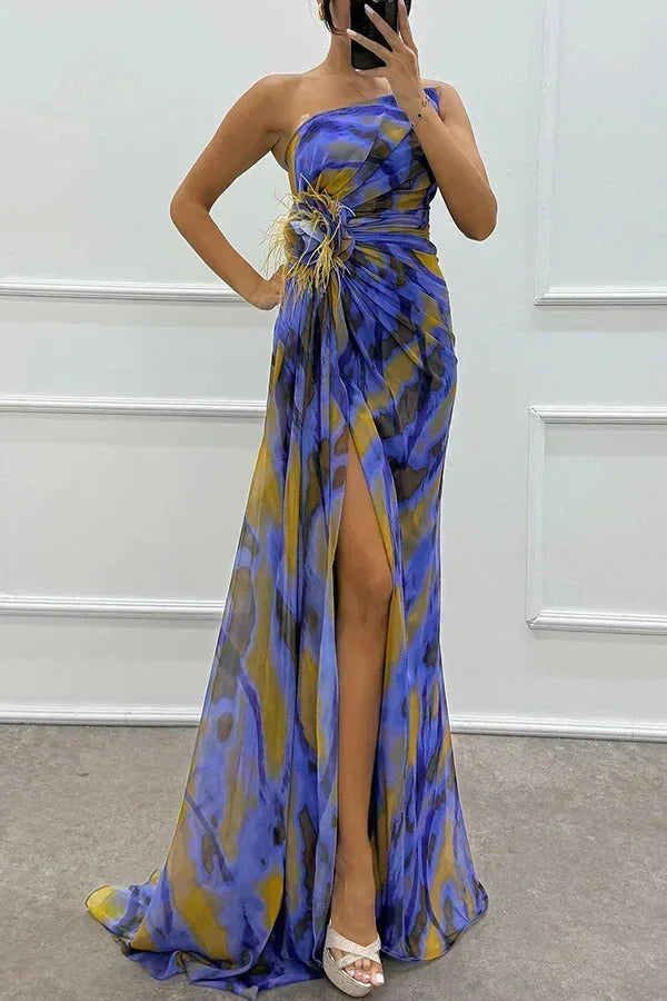 Robe Longue Soirée Motifs Fente Latérale Bretelle 5 Coloris | ROBEMODE