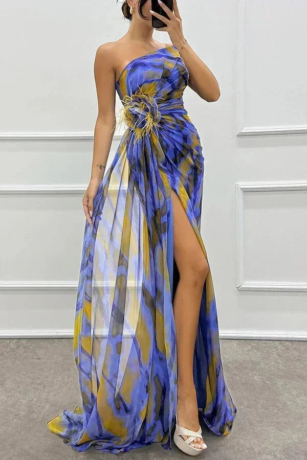 Robe Longue Soirée Motifs Fente Latérale Bretelle 5 Coloris | ROBEMODE
