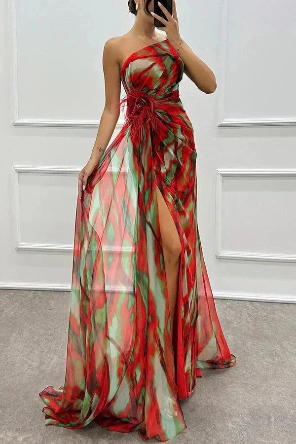 Robe Longue Soirée Motifs Fente Latérale Bretelle 5 Coloris | ROBEMODE