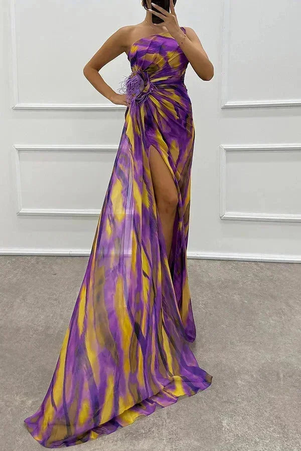 Robe Longue Soirée Motifs Fente Latérale Bretelle 5 Coloris | ROBEMODE
