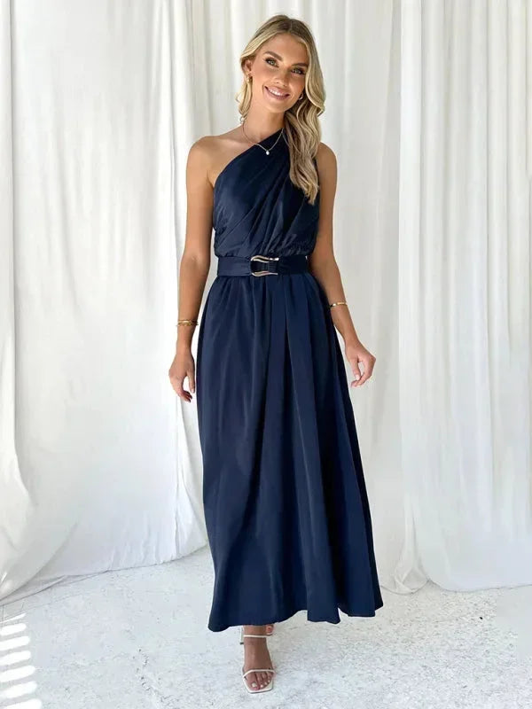 Robe longue femme une épaule avec ceinture | Coupe féminine + Style élégant + Facile à accessoiriser – ROBEMODE