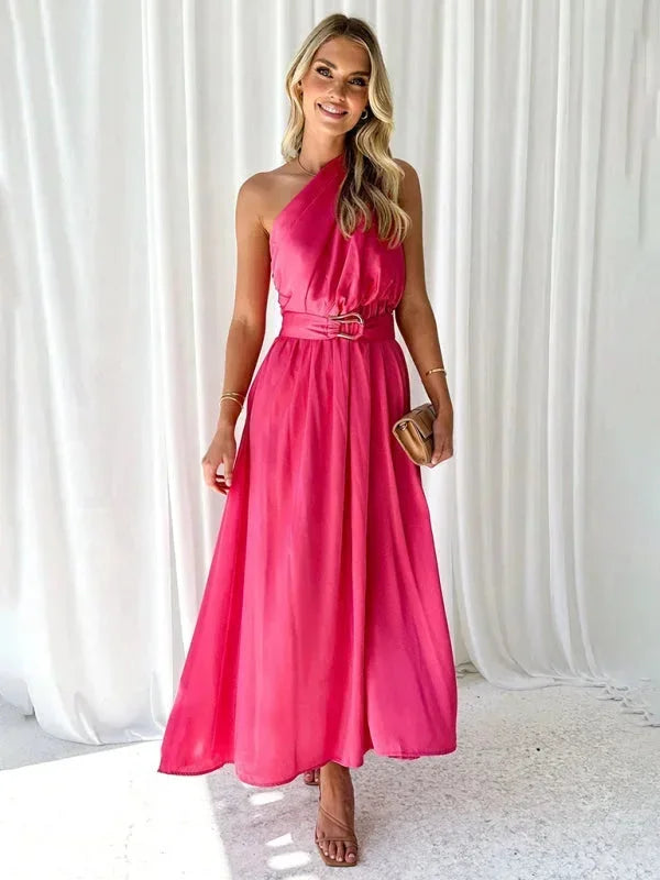 Robe longue femme une épaule avec ceinture | Coupe féminine + Style élégant + Facile à accessoiriser – ROBEMODE