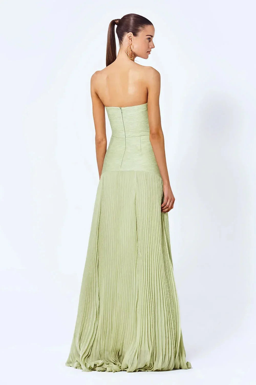 Robe Longue Vert Clair Sans Manches Plissée Taille Haute | ROBEMODE