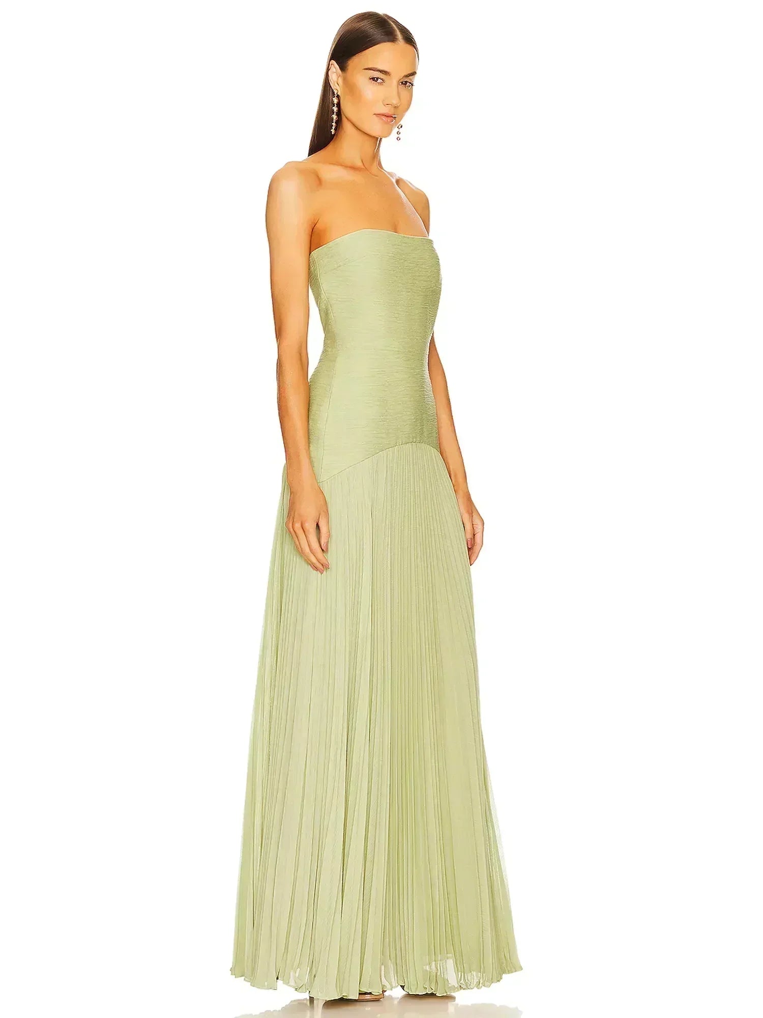 Robe Longue Vert Clair Sans Manches Plissée Taille Haute | ROBEMODE