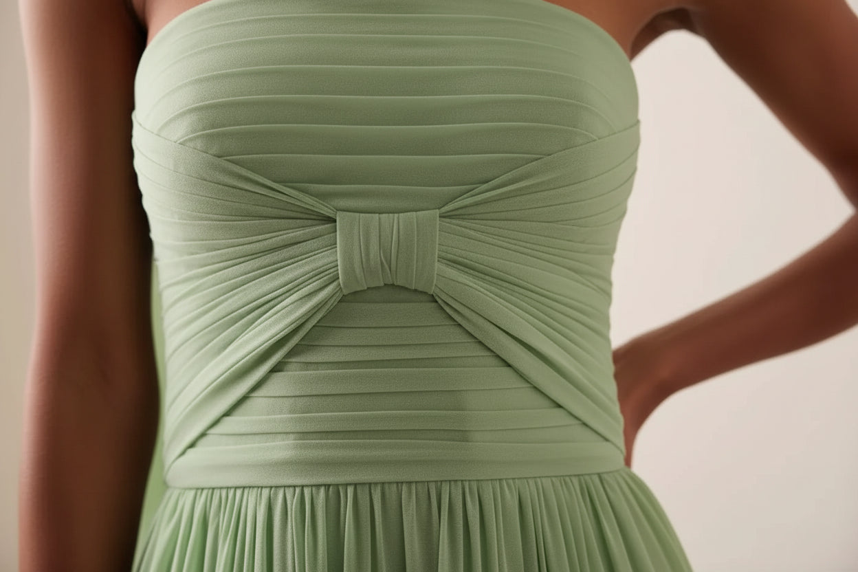 Robe longue verte bustier plissée femme | ROBEMODE