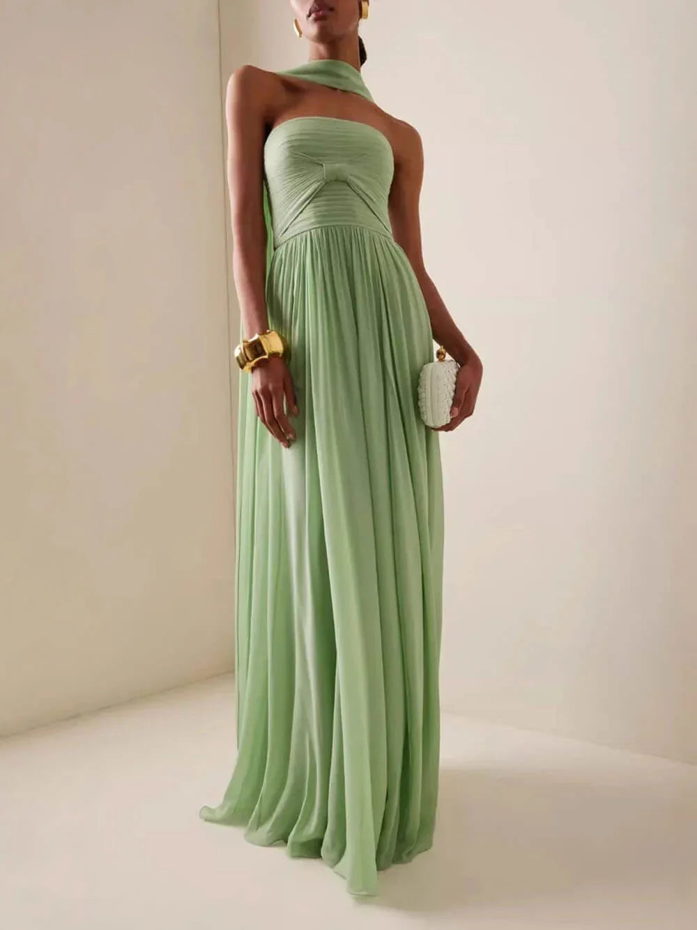 Robe longue verte bustier plissée femme | ROBEMODE