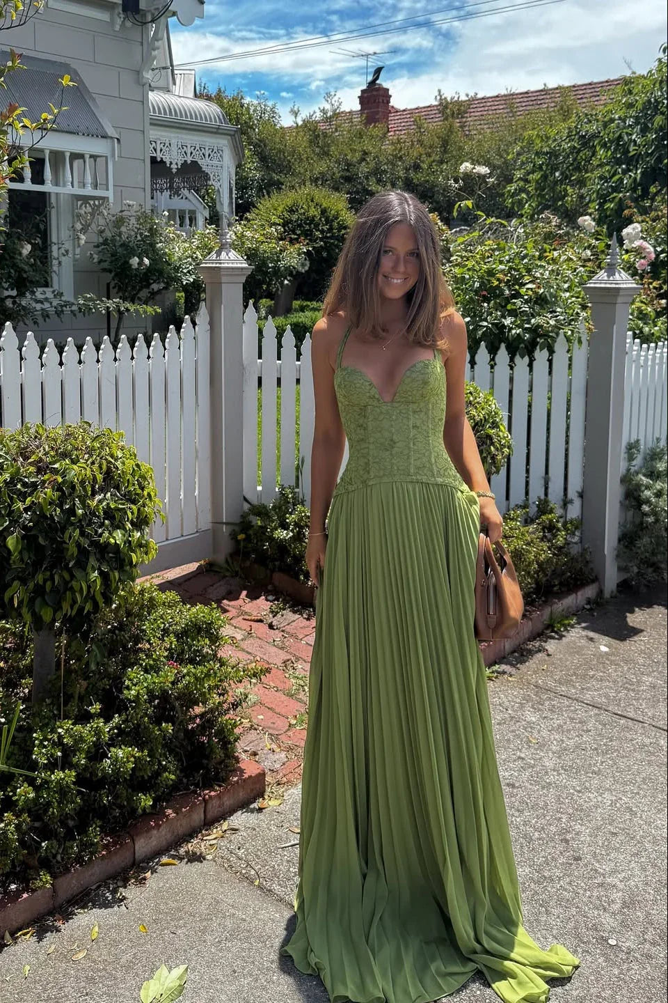 Robe longue femme verte plissée corset | ROBEMODE