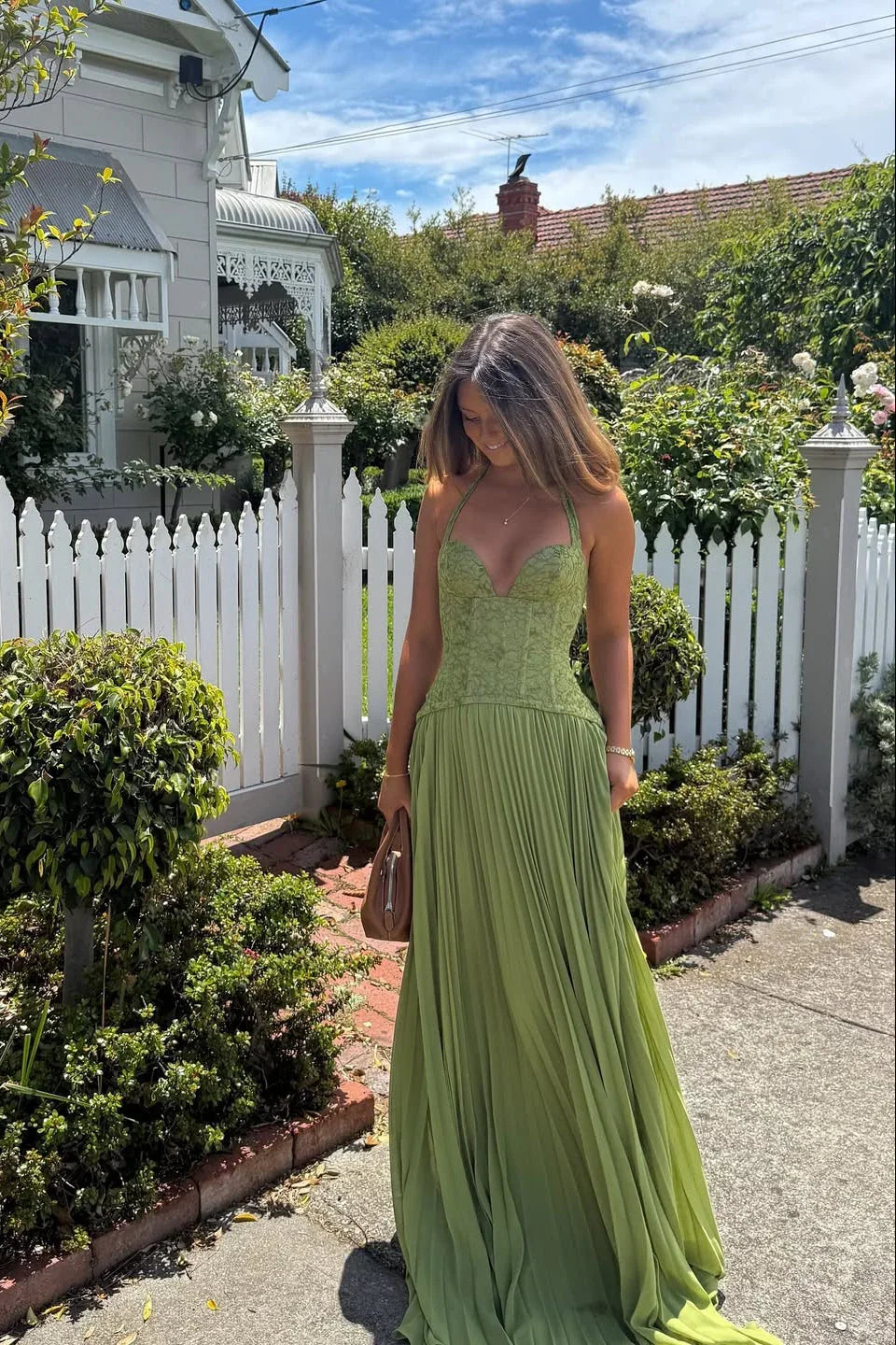 Robe longue femme verte plissée corset | ROBEMODE