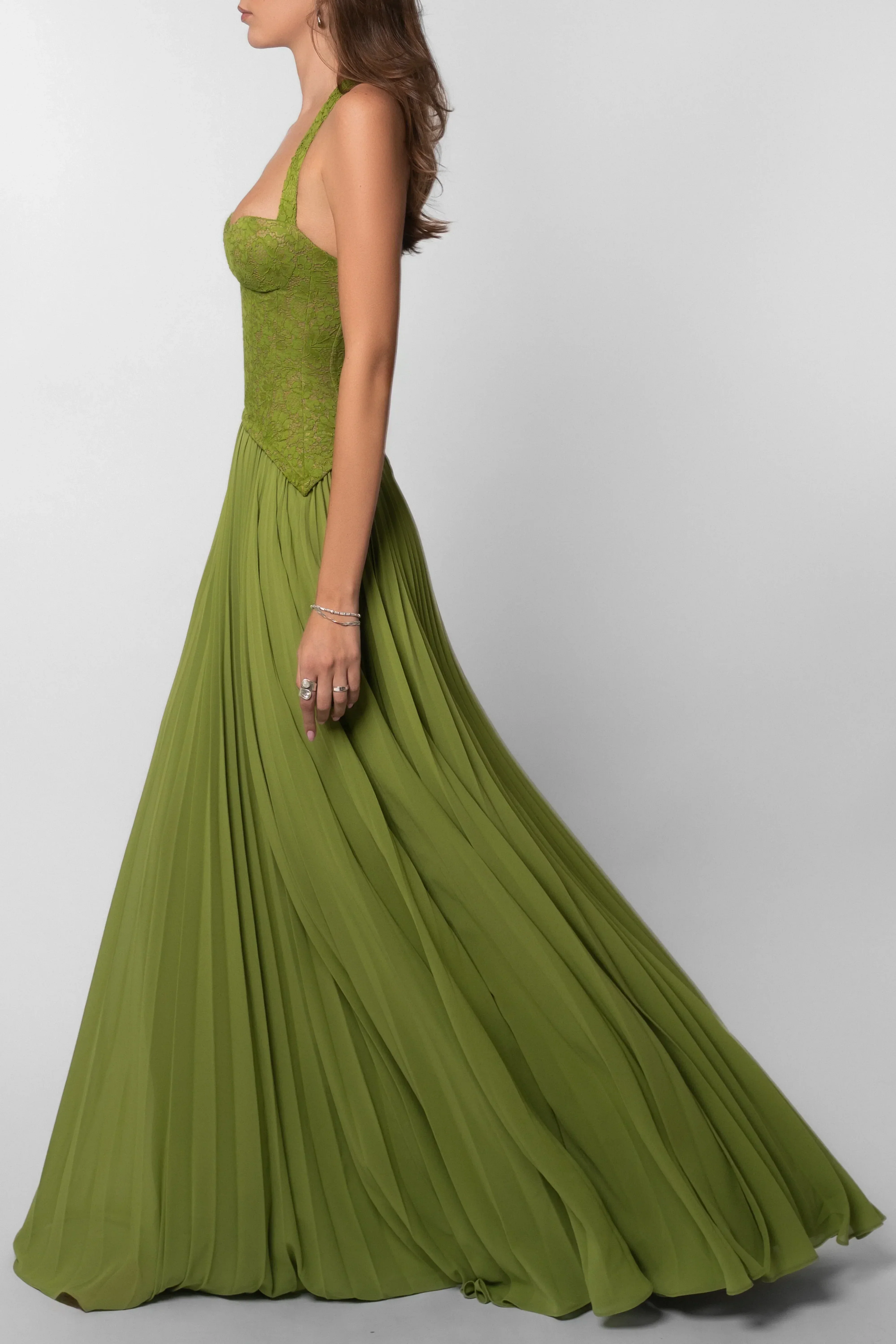 Robe longue femme verte plissée corset | ROBEMODE