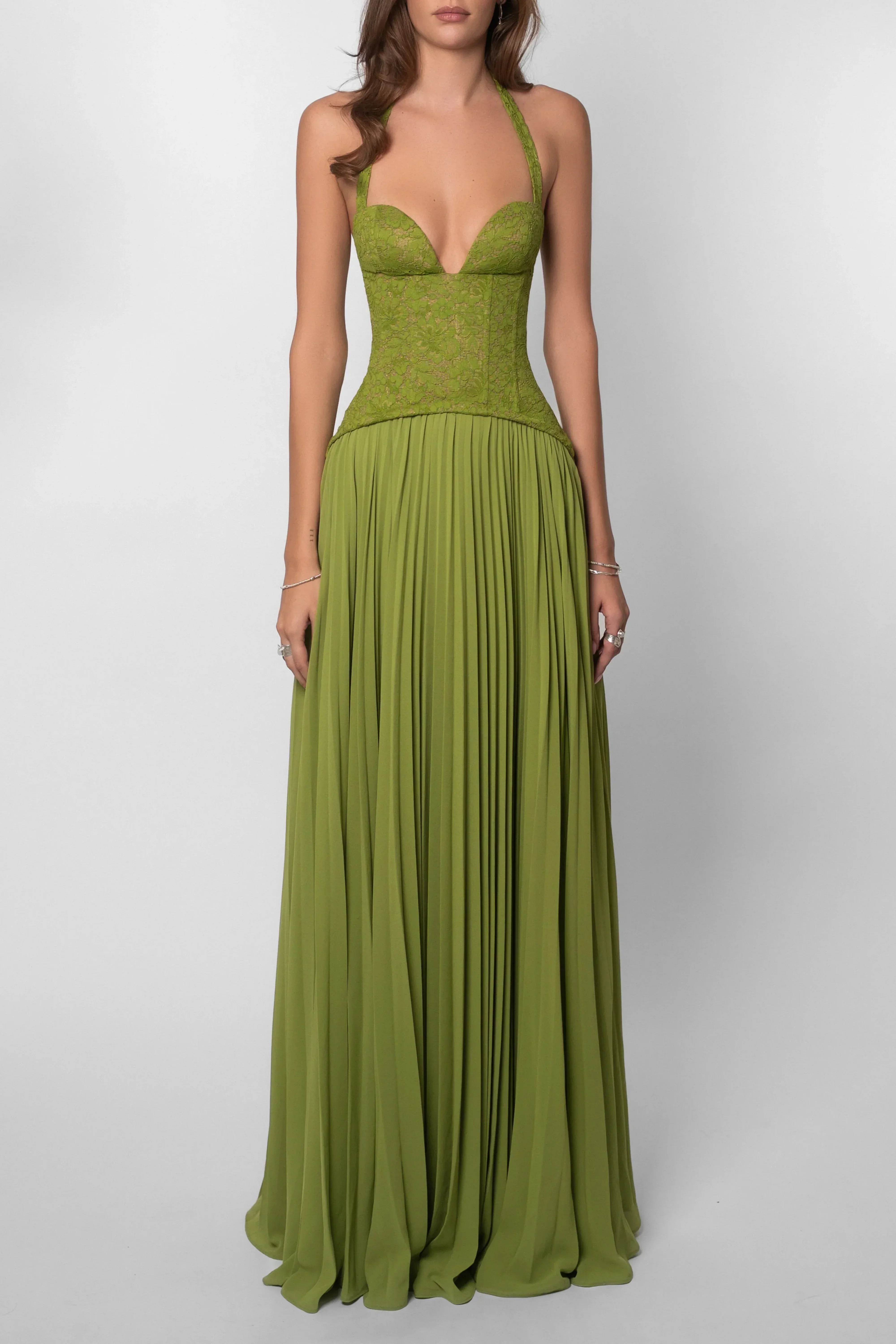 Robe longue femme verte plissée corset | ROBEMODE