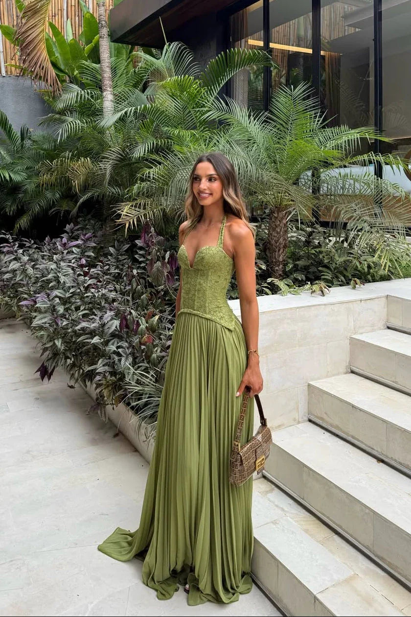 Robe longue femme verte plissée corset | ROBEMODE