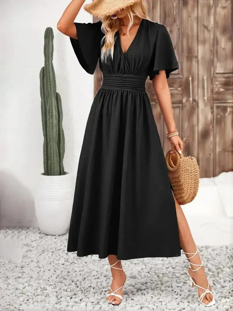 Robe longue femme volants col V avec ceinture ajustable | Coupe féminine + Style élégant + Facile à accessoiriser – ROBEMODE