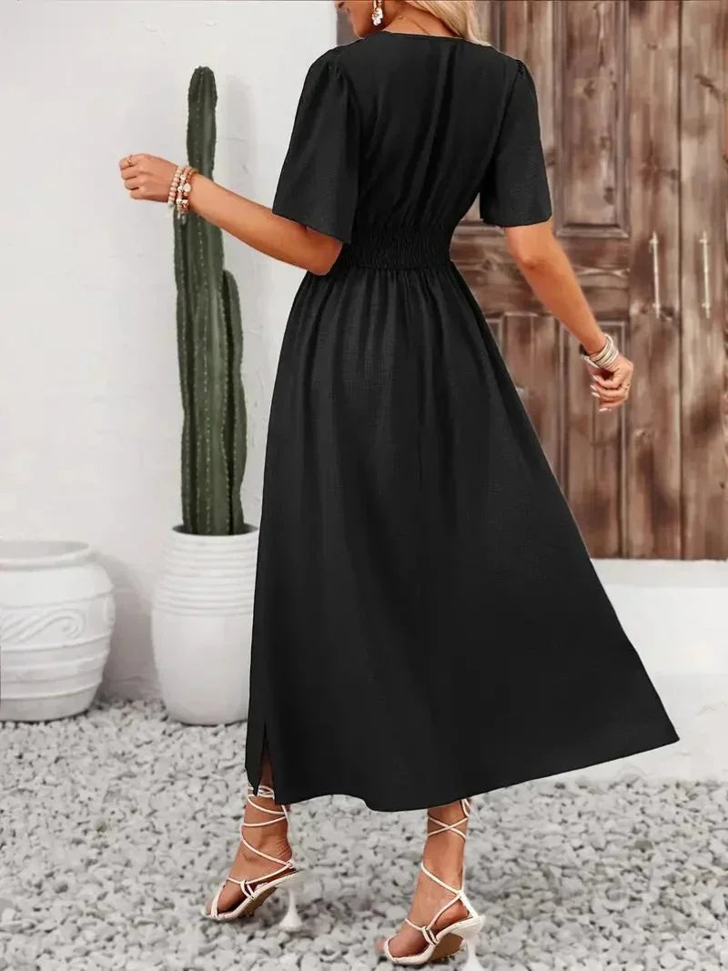 Robe longue femme volants col V avec ceinture ajustable | Coupe féminine + Style élégant + Facile à accessoiriser – ROBEMODE