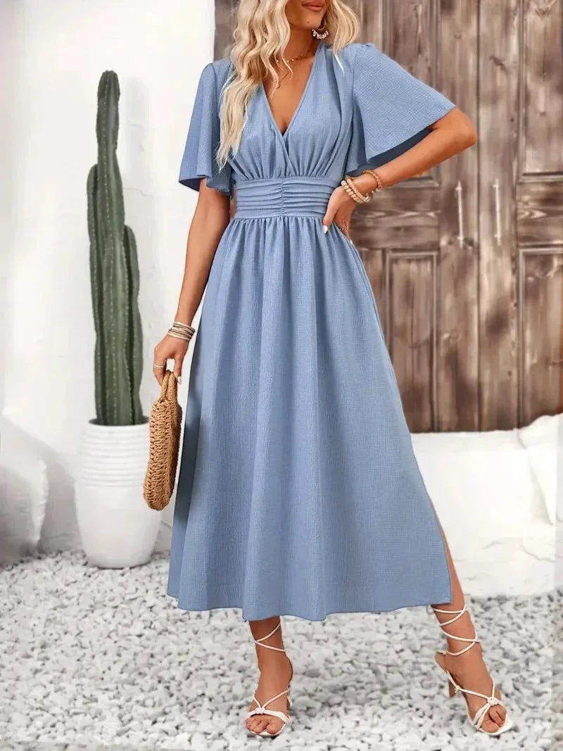 Robe longue femme volants col V avec ceinture ajustable | Coupe féminine + Style élégant + Facile à accessoiriser – ROBEMODE