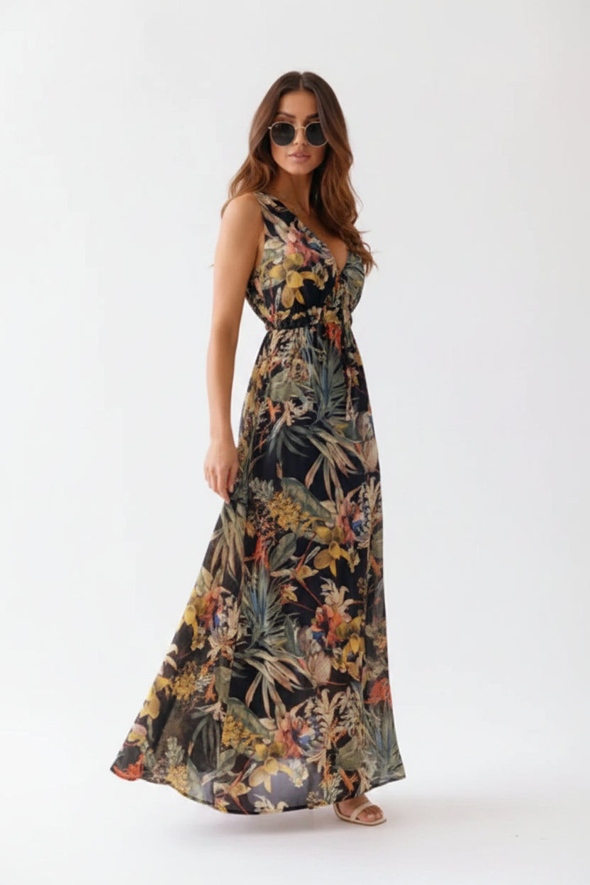 Robe longue femme sans manches à imprimé tropical | Coupe féminine + Style élégant + Facile à accessoiriser – ROBEMODE