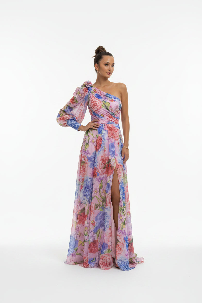 Robe Longue Une Épaule Florale Fendue Soirée 4 Coloris | ROBEMODE