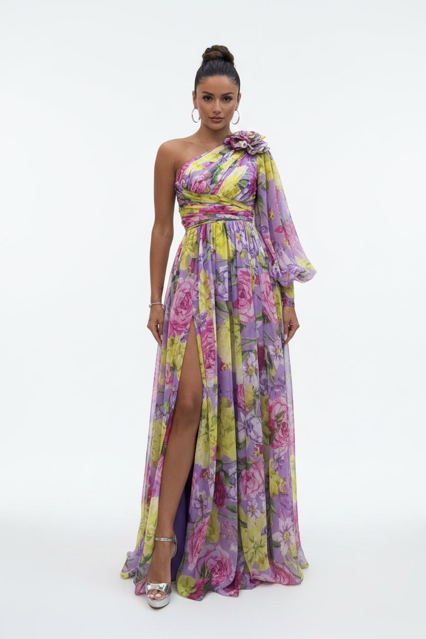 Robe Longue Une Épaule Florale Fendue Soirée 4 Coloris | ROBEMODE