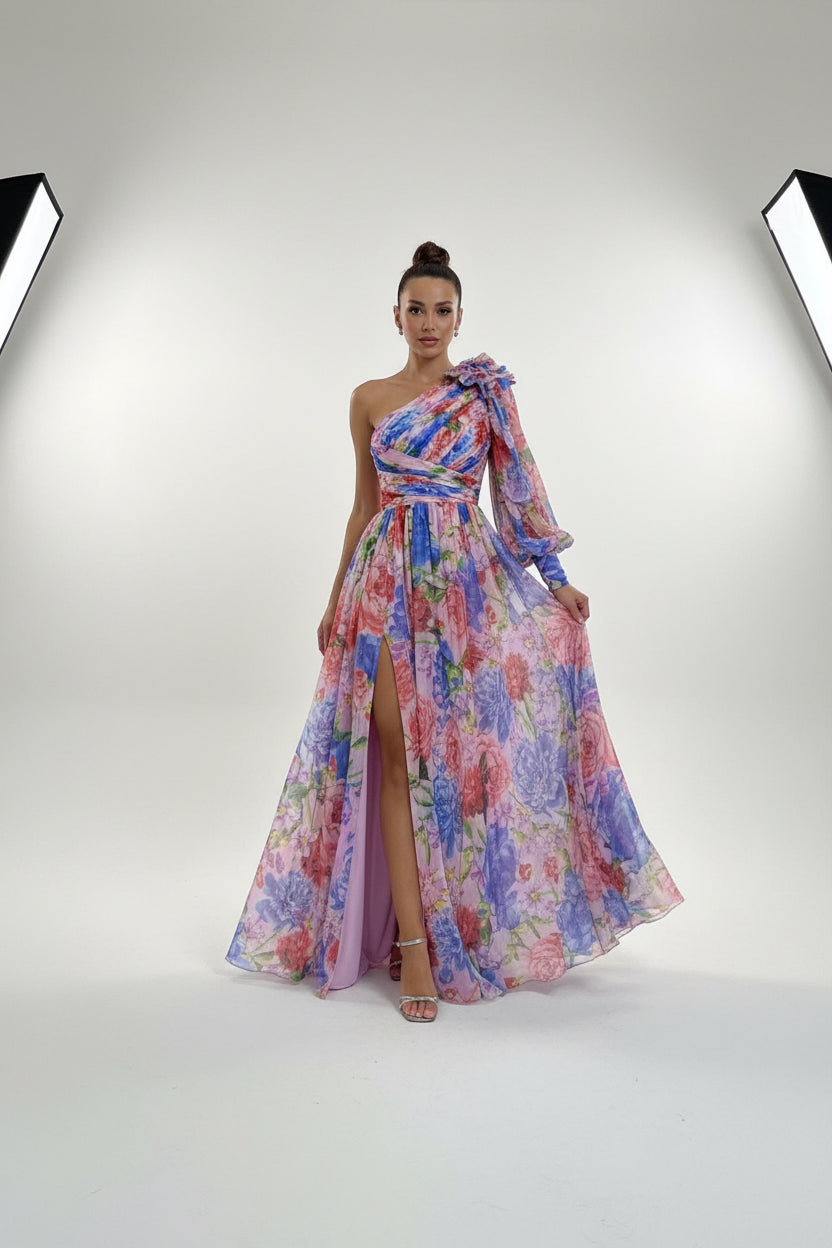 Robe Longue Une Épaule Florale Fendue Soirée 4 Coloris | ROBEMODE