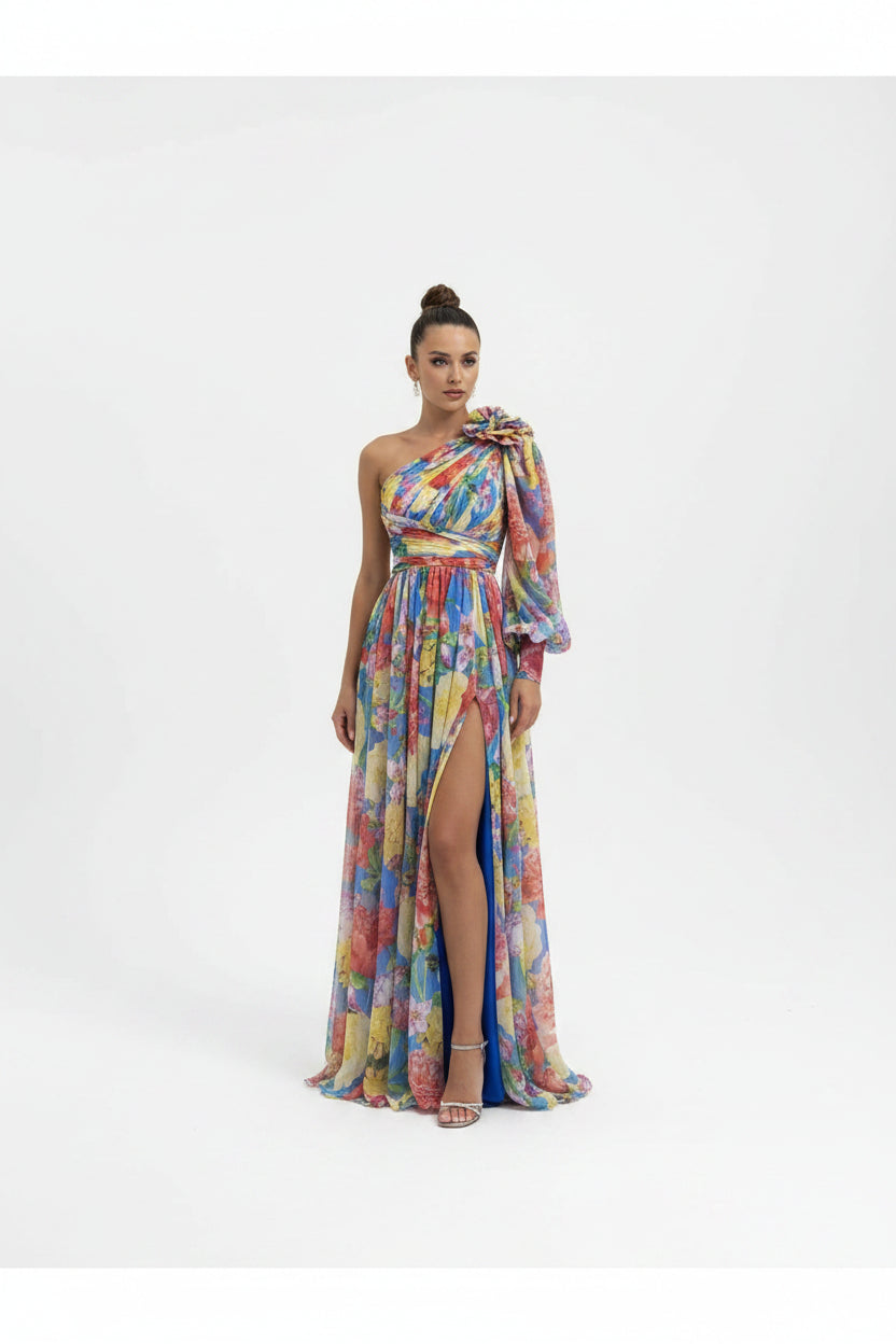 Robe Longue Une Épaule Florale Fendue Soirée 4 Coloris | ROBEMODE