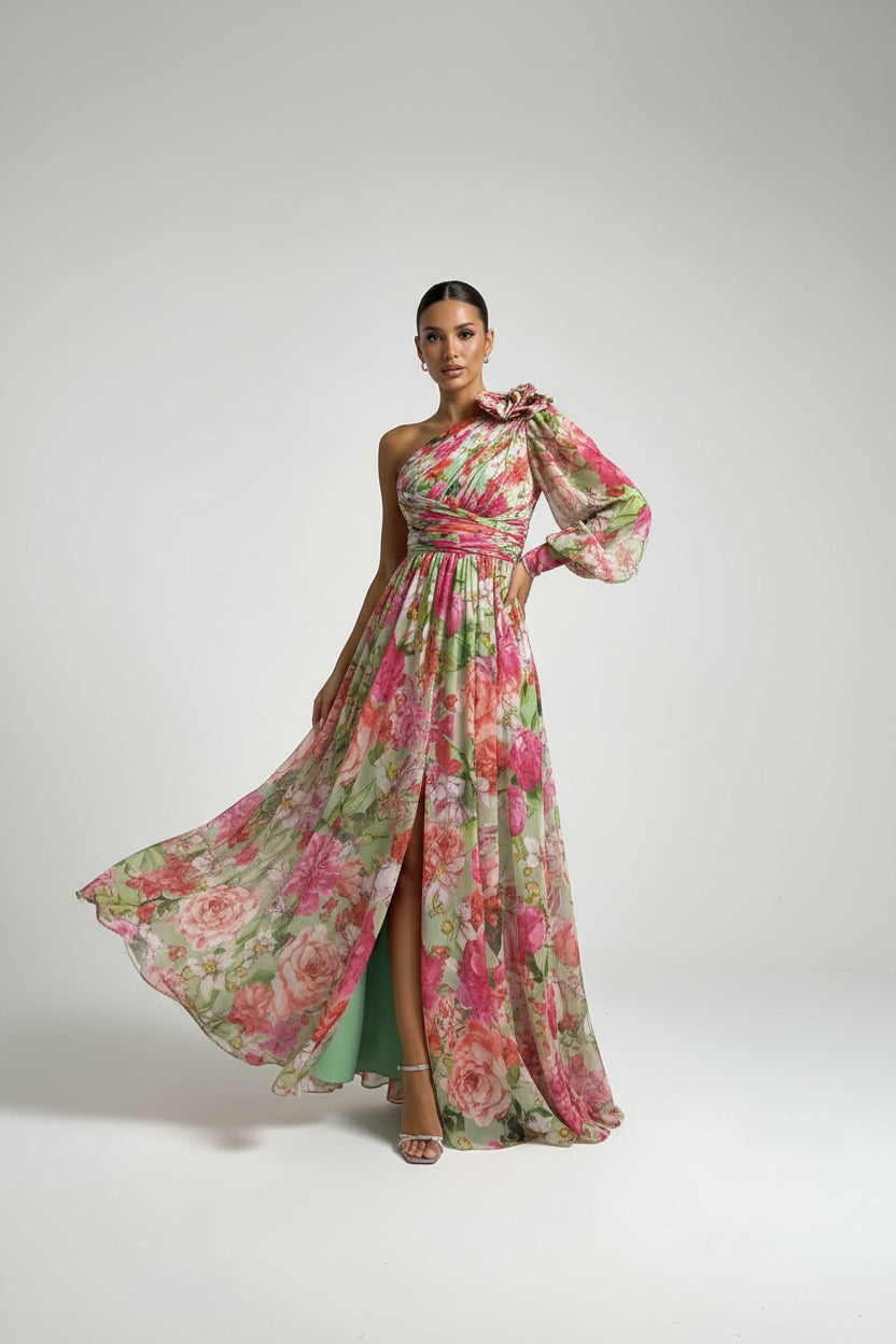 Robe Longue Une Épaule Florale Fendue Soirée 4 Coloris | ROBEMODE