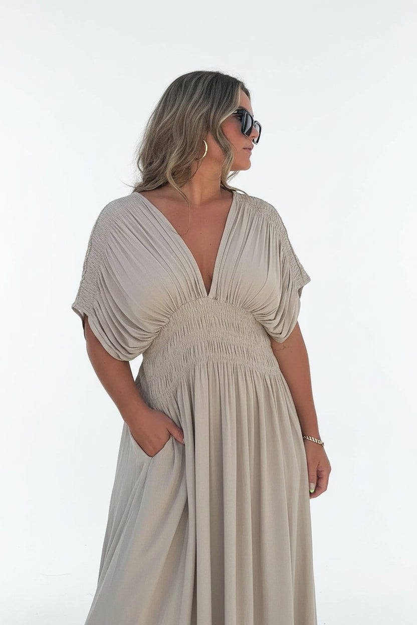 Robe Longue Fluide Femme Col en V | Manches Courtes + Taille Élastique + 2 Coloris | ROBEMODE